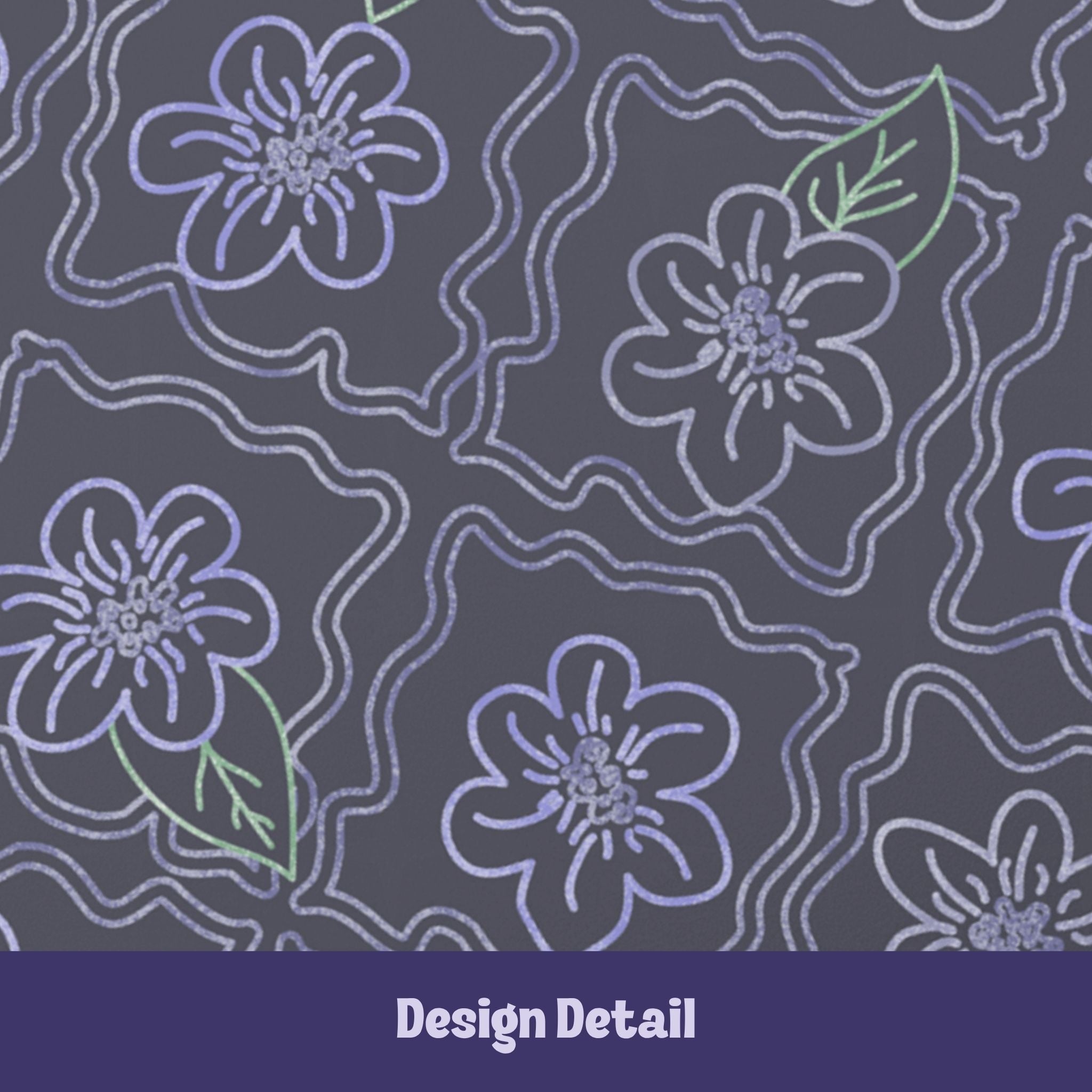 Design detail of dark floral journal pattern showing hand-drawn periwinkle five-petal flowers with sage green leaves and wavy quatrefoil outlines on charcoal background
