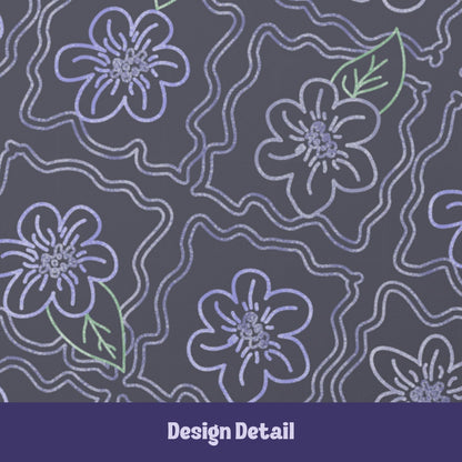 Design detail of dark floral journal pattern showing hand-drawn periwinkle five-petal flowers with sage green leaves and wavy quatrefoil outlines on charcoal background