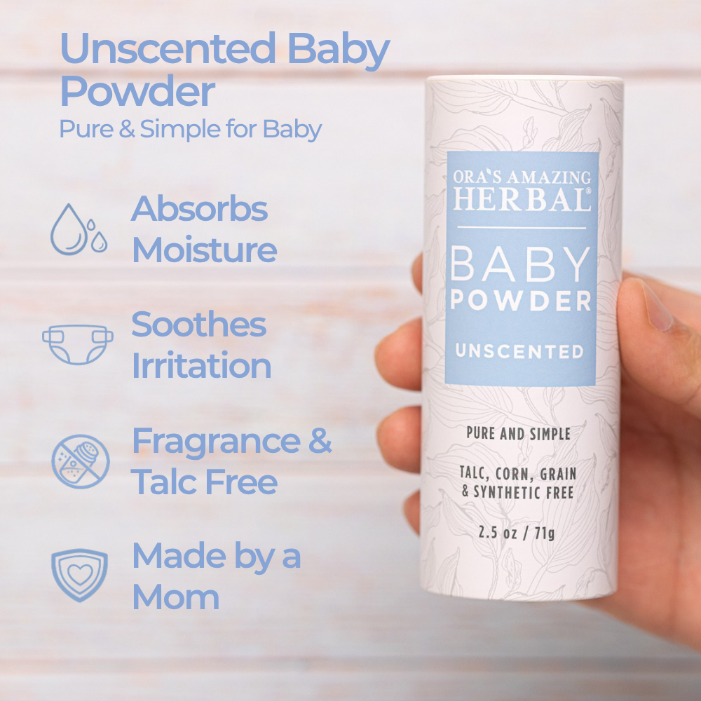 Unscented Baby Powder 2.5oz Benefits Infographic Hand Held in a White Background.