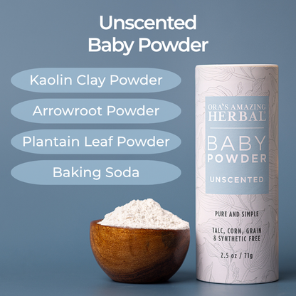 Unscented Baby Powder 2.5oz Ingredients Infographic Indoor in a Blue Background.
