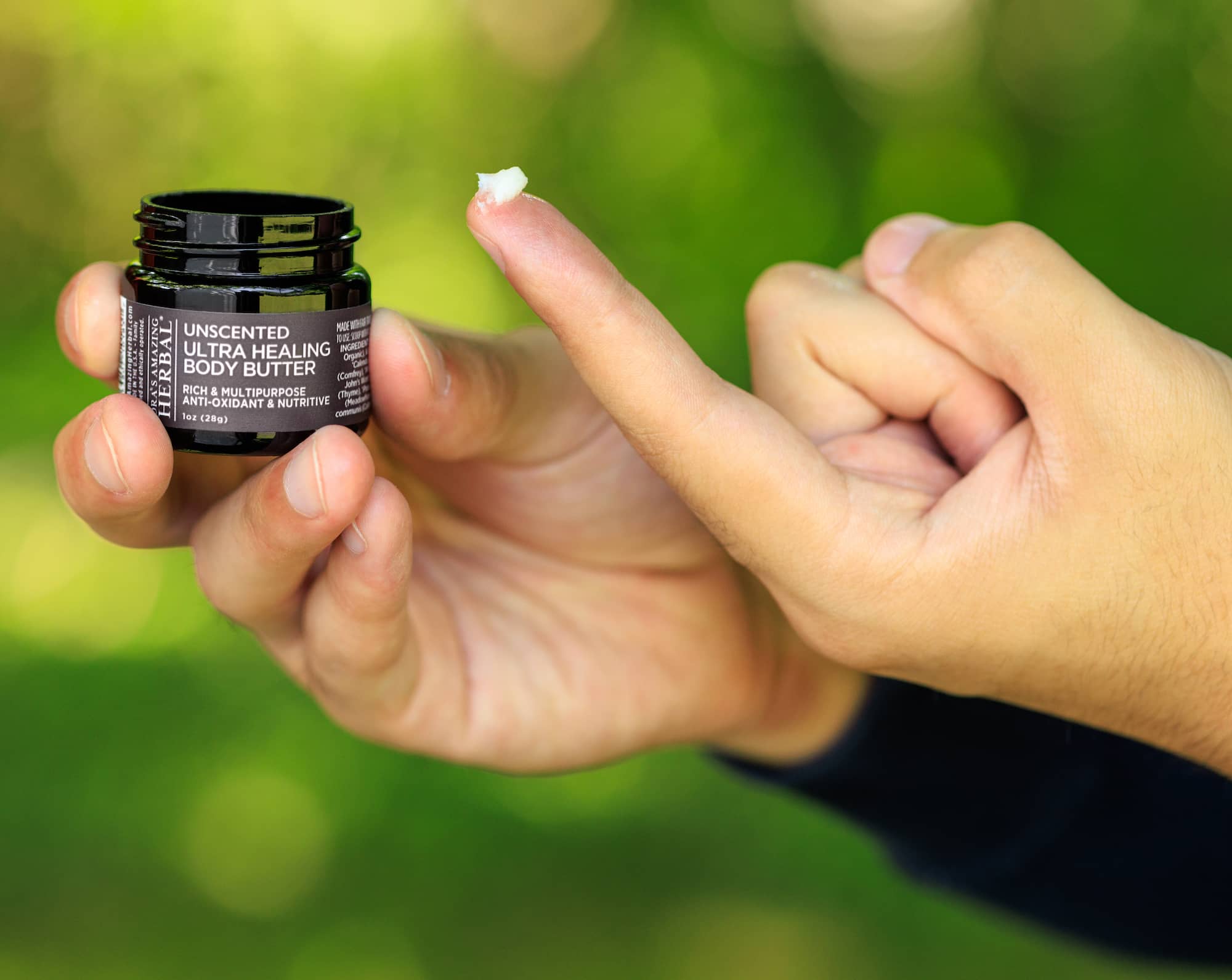 Unscented Body Butter 1oz Jar Lifestyle Outdoor Human Hand Texture