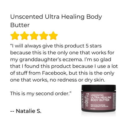 A product review graphic for Unscented Ultra Healing Body Butter, featuring a five-star rating, a customer testimonial quote from Natalie S., and a small jar of the body butter on a white background.