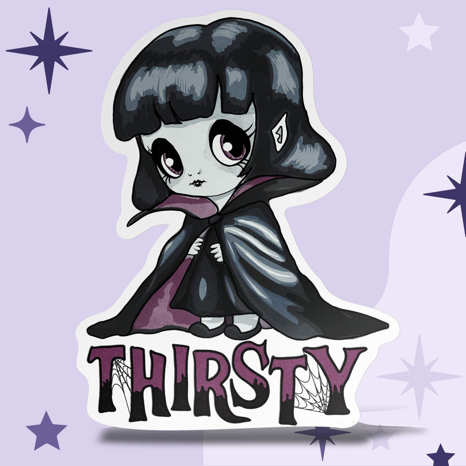 Girly goth vampire sticker with plum THIRSTY lettering on a lavender starry background