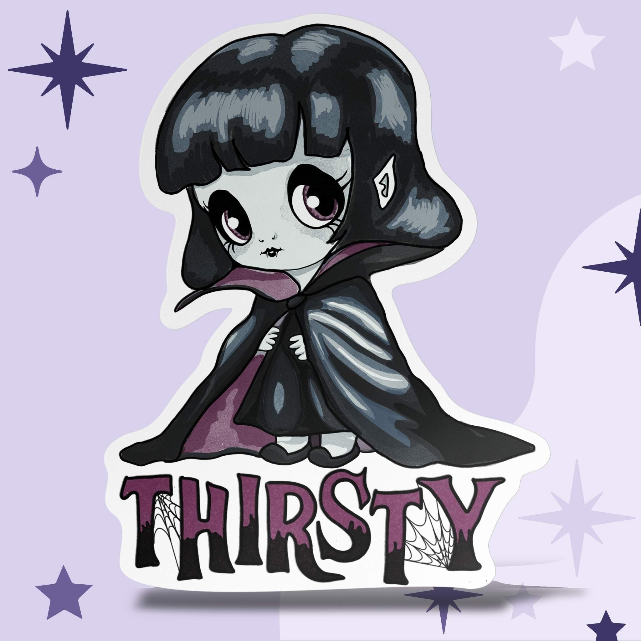 Girly goth vampire sticker with plum THIRSTY lettering on a lavender starry background