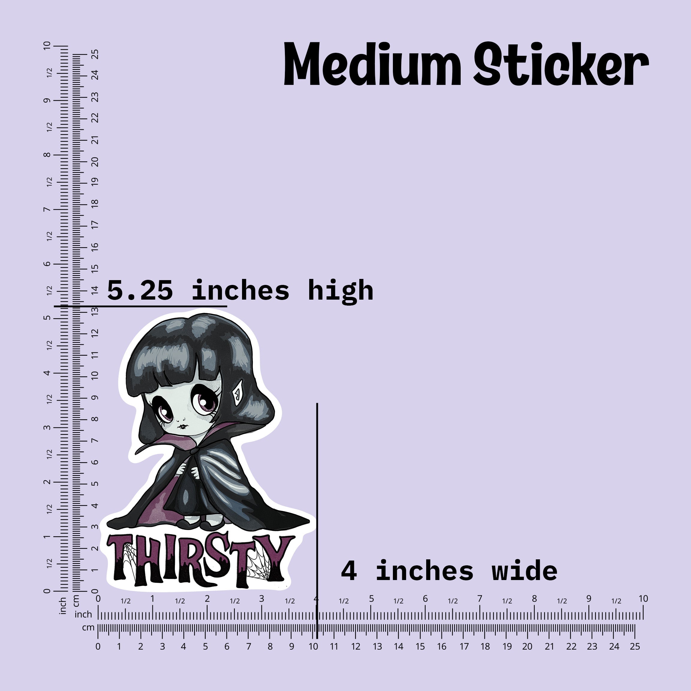 Medium vampire sticker measured at 5.25 inches high and 4 inches wide