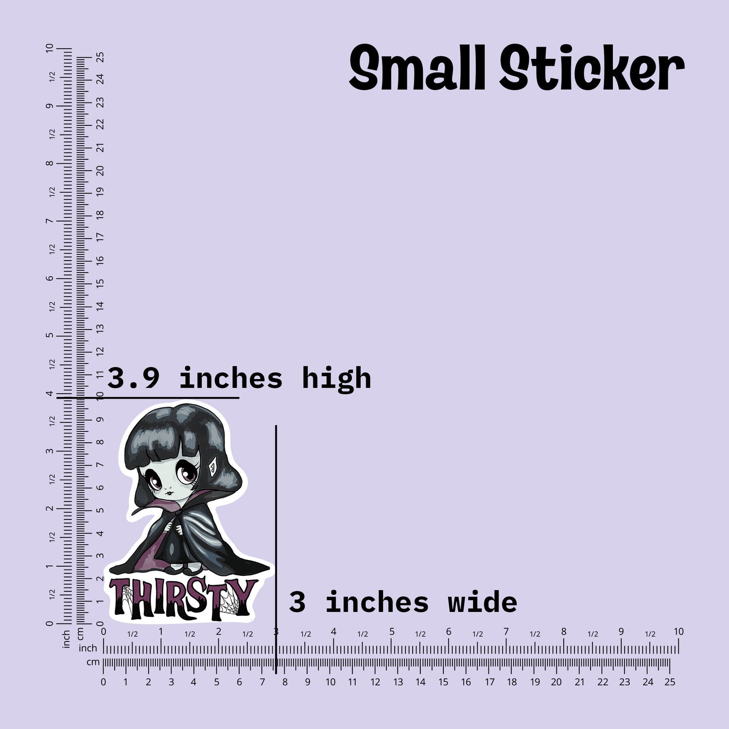 Small vampire sticker measured at 3.9 inches high and 3 inches wide