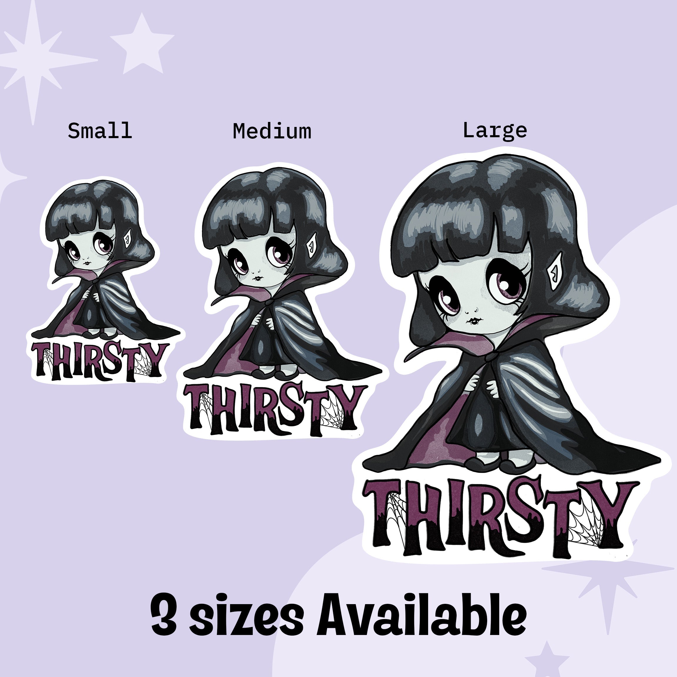 Thirsty vampire vinyl sticker shown in small, medium, and large sizes side by side