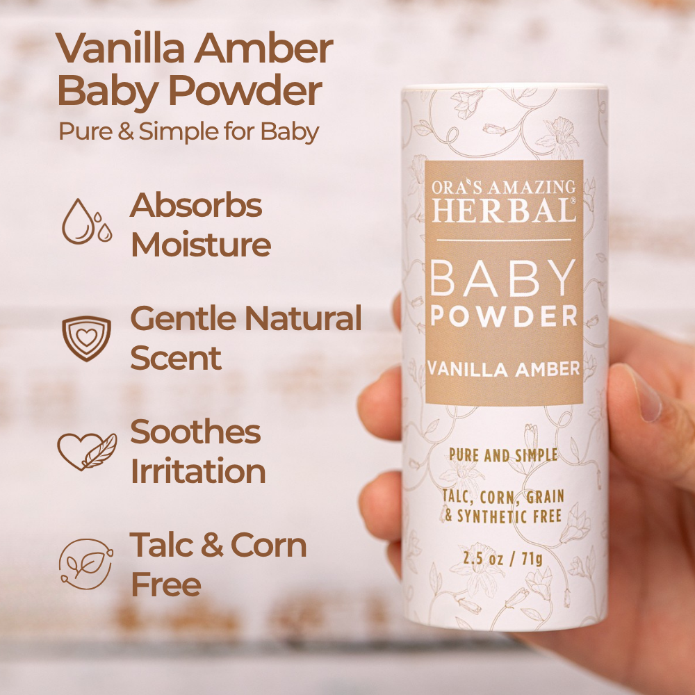 Vanilla Amber Baby Powder 2.5oz Hand Held With Benefits Infographic  In a White Background.