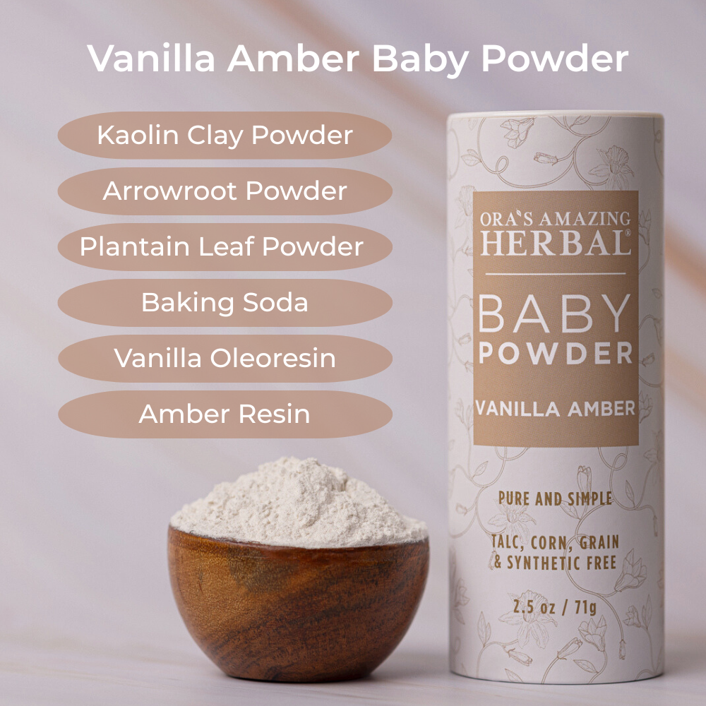 Vanilla Amber Baby Powder 2.5oz with Ingredients Infographic In a White background.