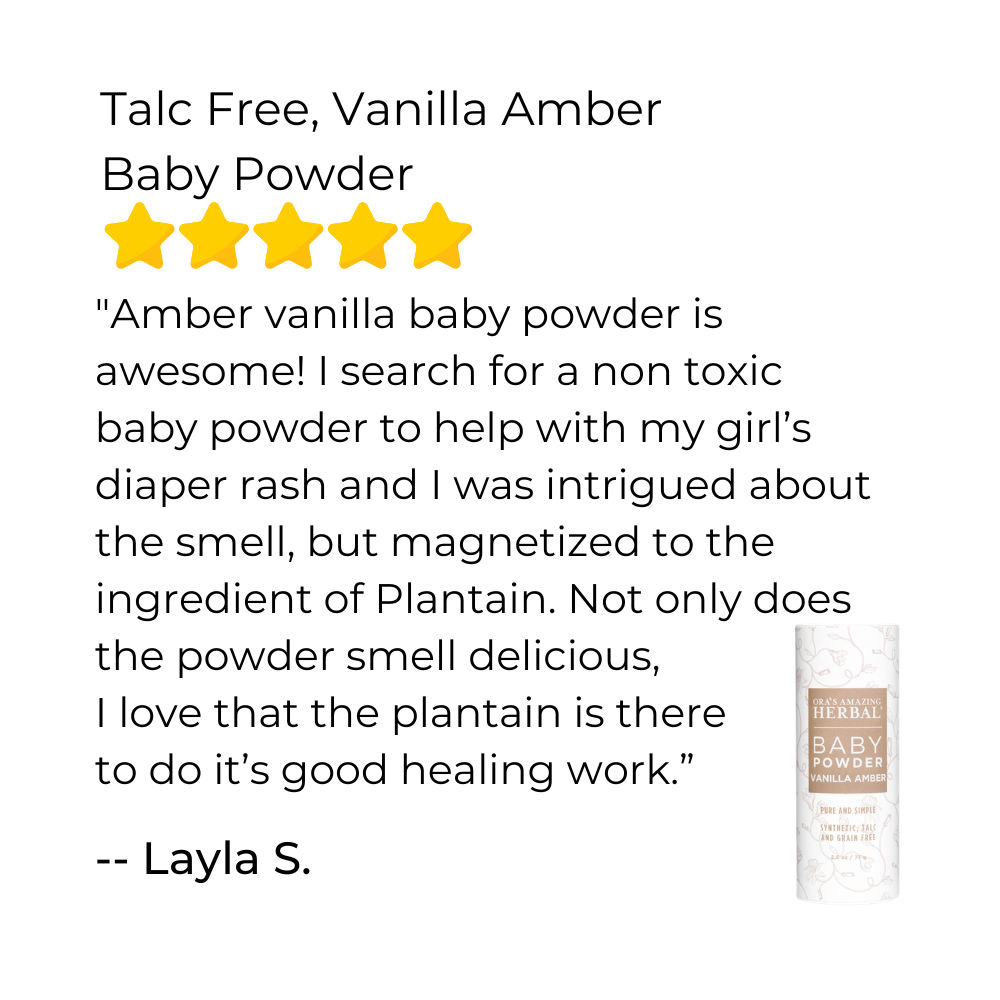 Product review for vanilla amber baby powder with a star rating and text.