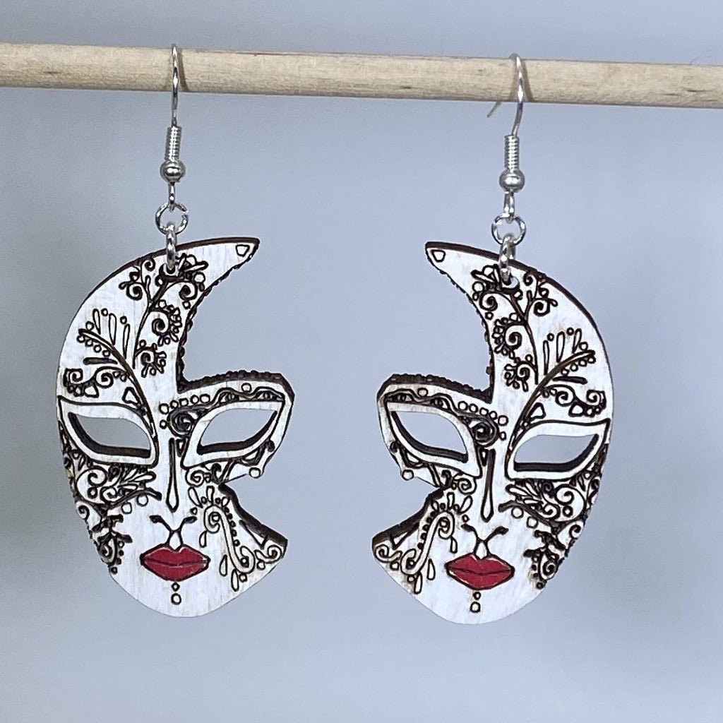 Venetian Half Mask Wooden Dangle Earrings - - Cate&