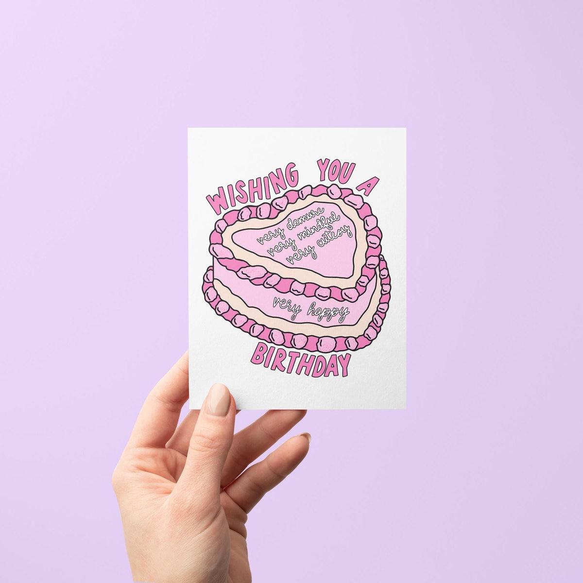 Very demure very mindful very cutesy birthday card flat lay — funny demure trend birthday card styled on a desk, by indie artist MangoIllustrated
