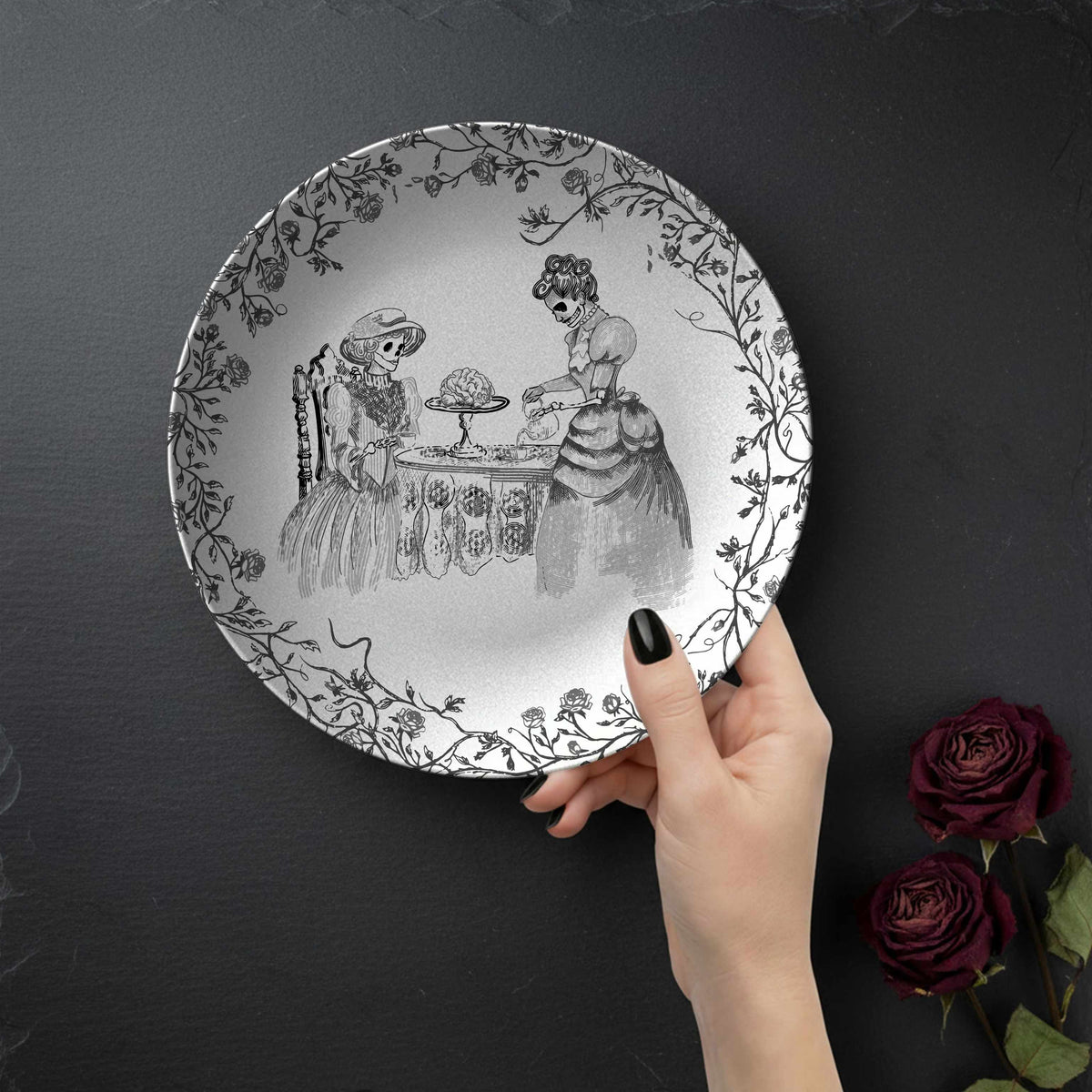 Domestic Zombie Tea Party Plate, Black and White