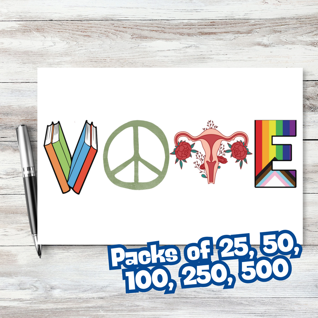 Postcards to Voters: VOTE Icon Postcard, Books Peace Reproductive Rights Pride GOTV Mailer