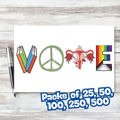 Postcards to Voters: VOTE Icon Postcard, Books Peace Reproductive Rights Pride GOTV Mailer