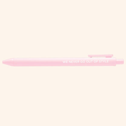 We never go out of style pen detail — embossed lettering on a blush pink barrel by indie artist MangoIllustrated