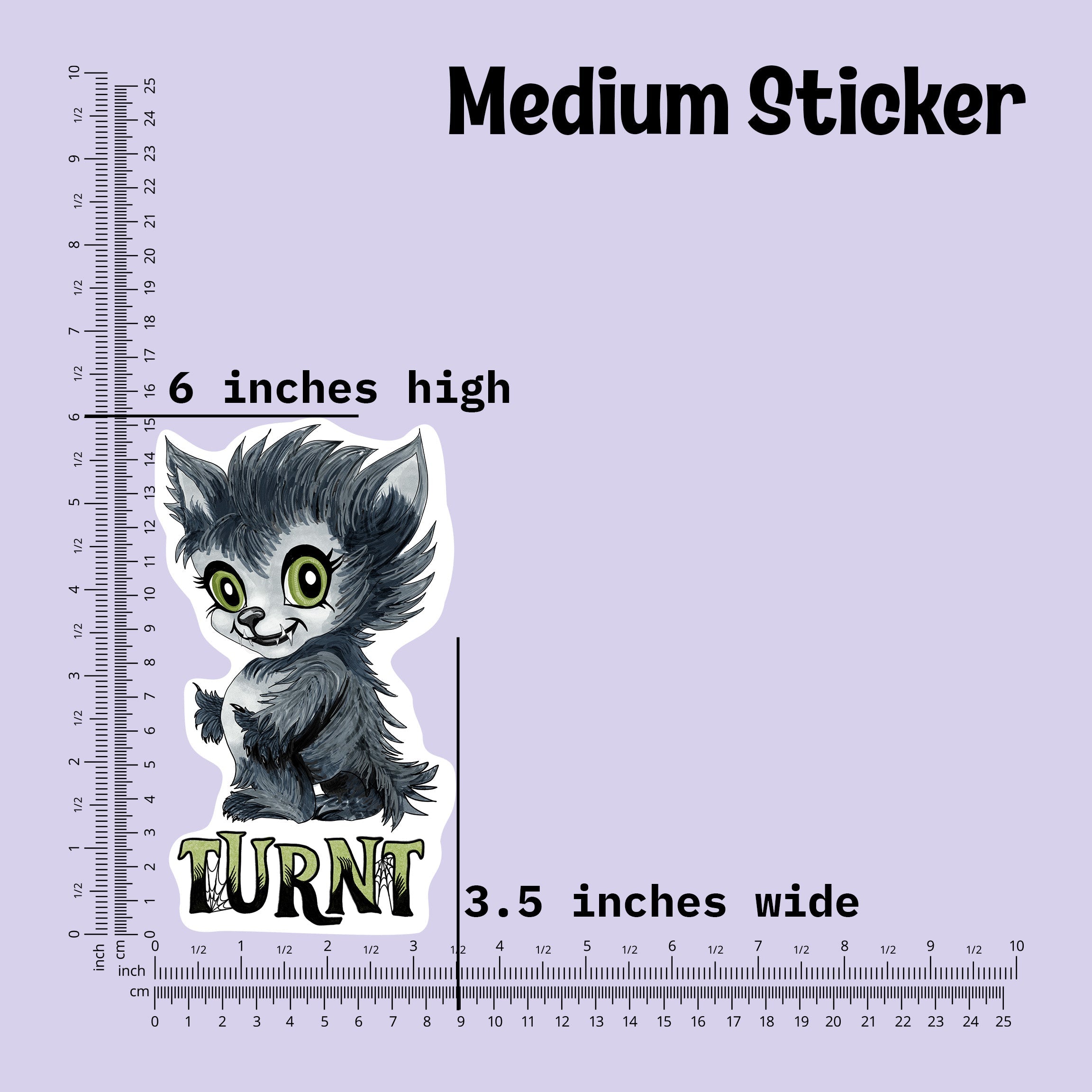 Medium werewolf sticker measured at 6 inches high and 3.5 inches wide