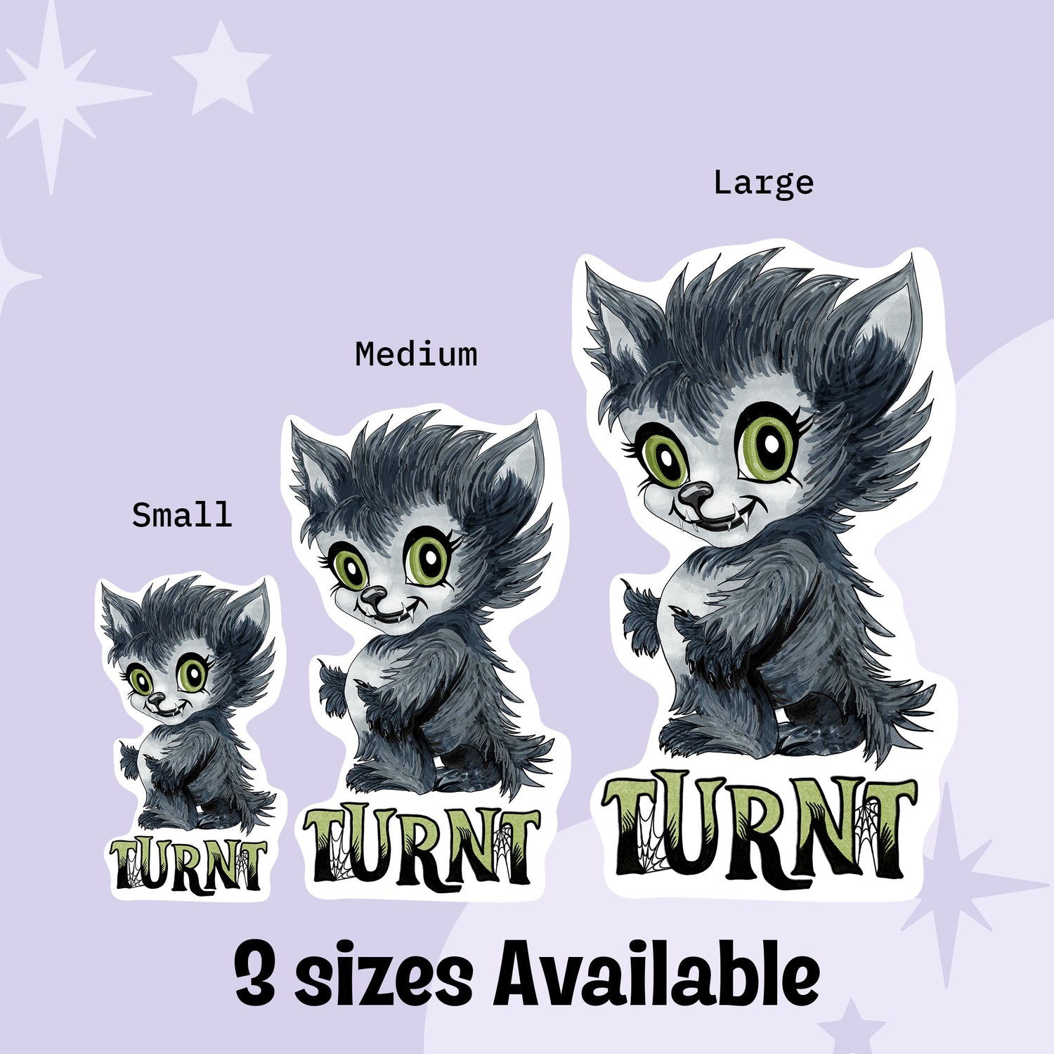 Turnt werewolf vinyl sticker shown in small, medium, and large sizes side by side