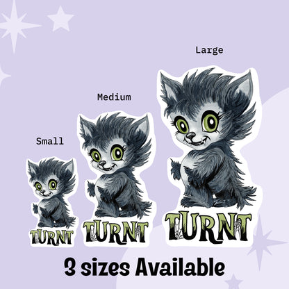 Turnt werewolf vinyl sticker shown in small, medium, and large sizes side by side
