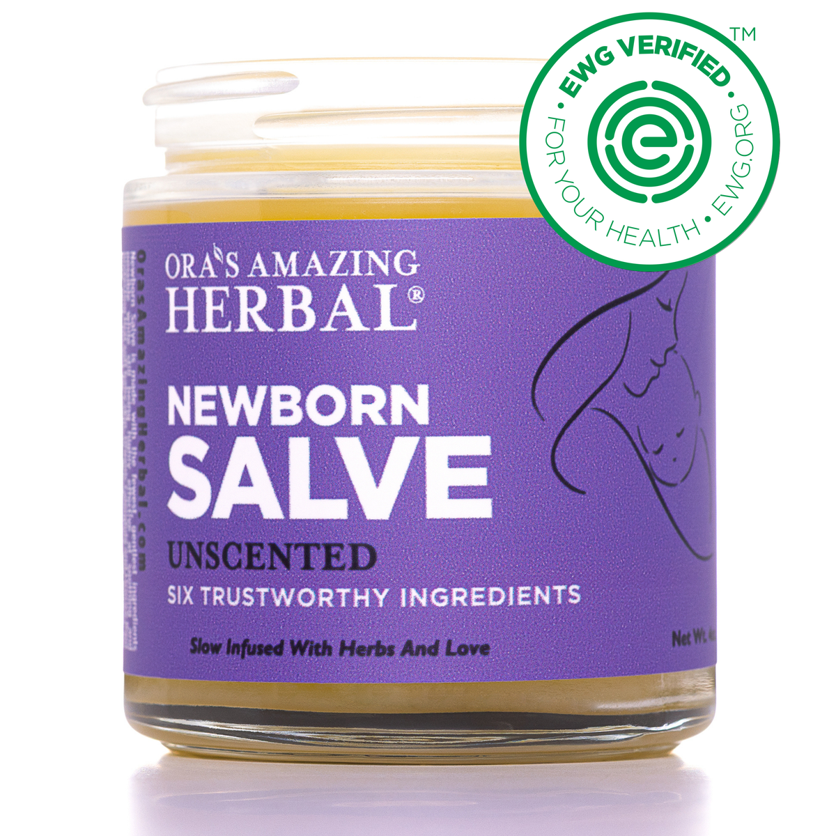 Newborn Salve with a purple label and EWG Verified logo on a white background.