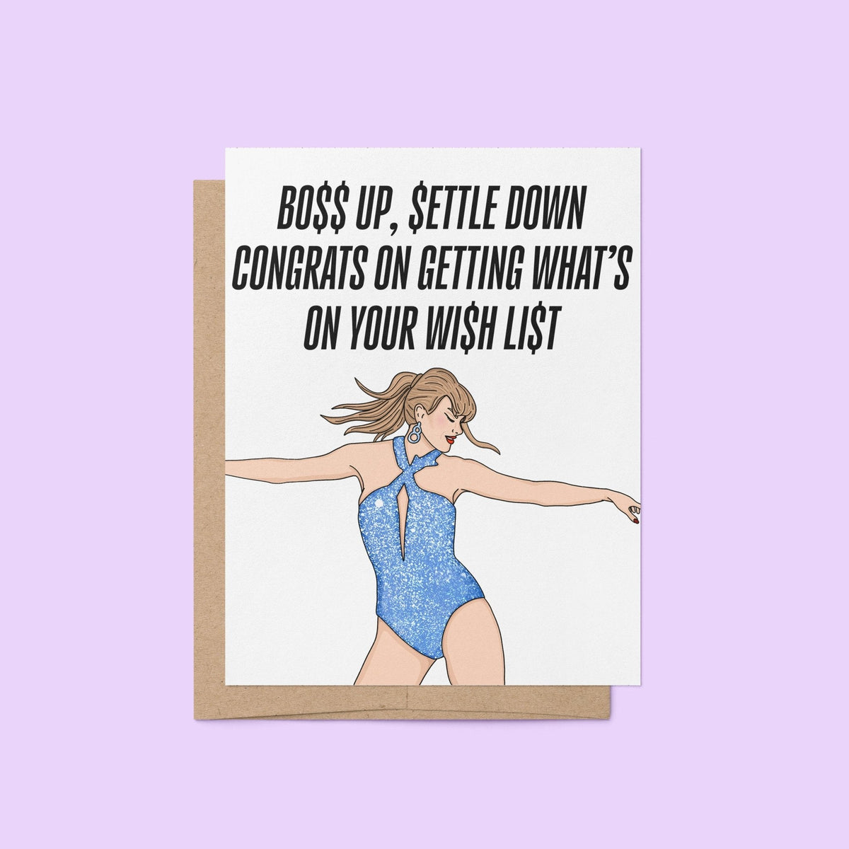 Wi$h Li$t Congratulations card flat lay — illustrated congratulations card for a new job or promotion by indie artist MangoIllustrated