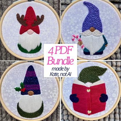 4 PDF hand embroidery pattern bundle, made by Kate, not AI. 4 Christmas gnomes or Christmas gonks. A reindeer gnome, a gnome with a purple hat carrying a candy cane, a gnome with a pine green knit hat reading a red book, and a gnome with a sparkly striped blue and purple hat with holly leaves and berries. All Christmas gnomes are sewn on white-on-white snowflake cotton and framed in small wooden embroidery hoops as Christmas ornaments or fancy gift tags