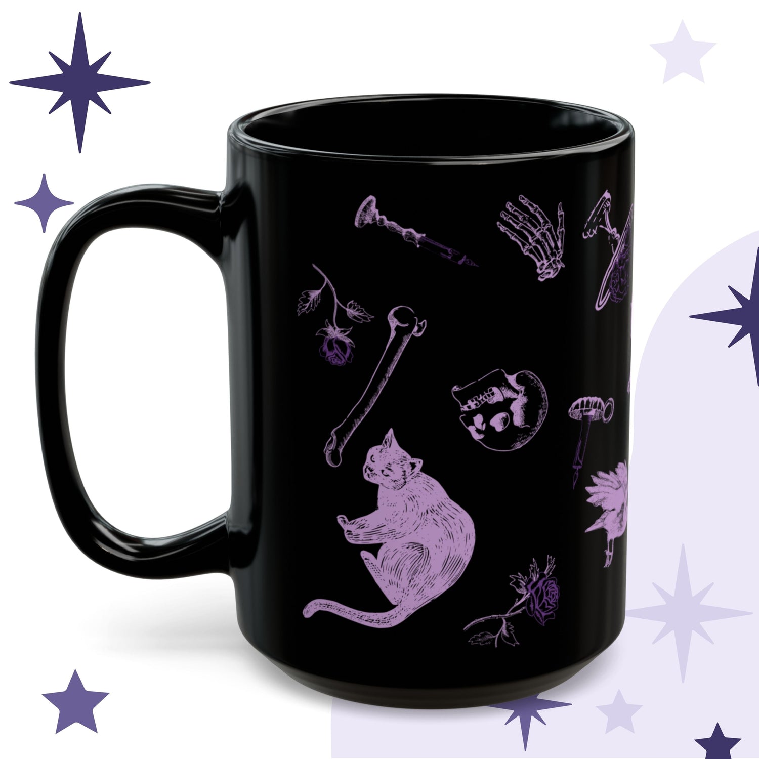 Witchcore mug in black ceramic with lilac engraving-style illustration of a black cat, loose bones, a skull, and a rose