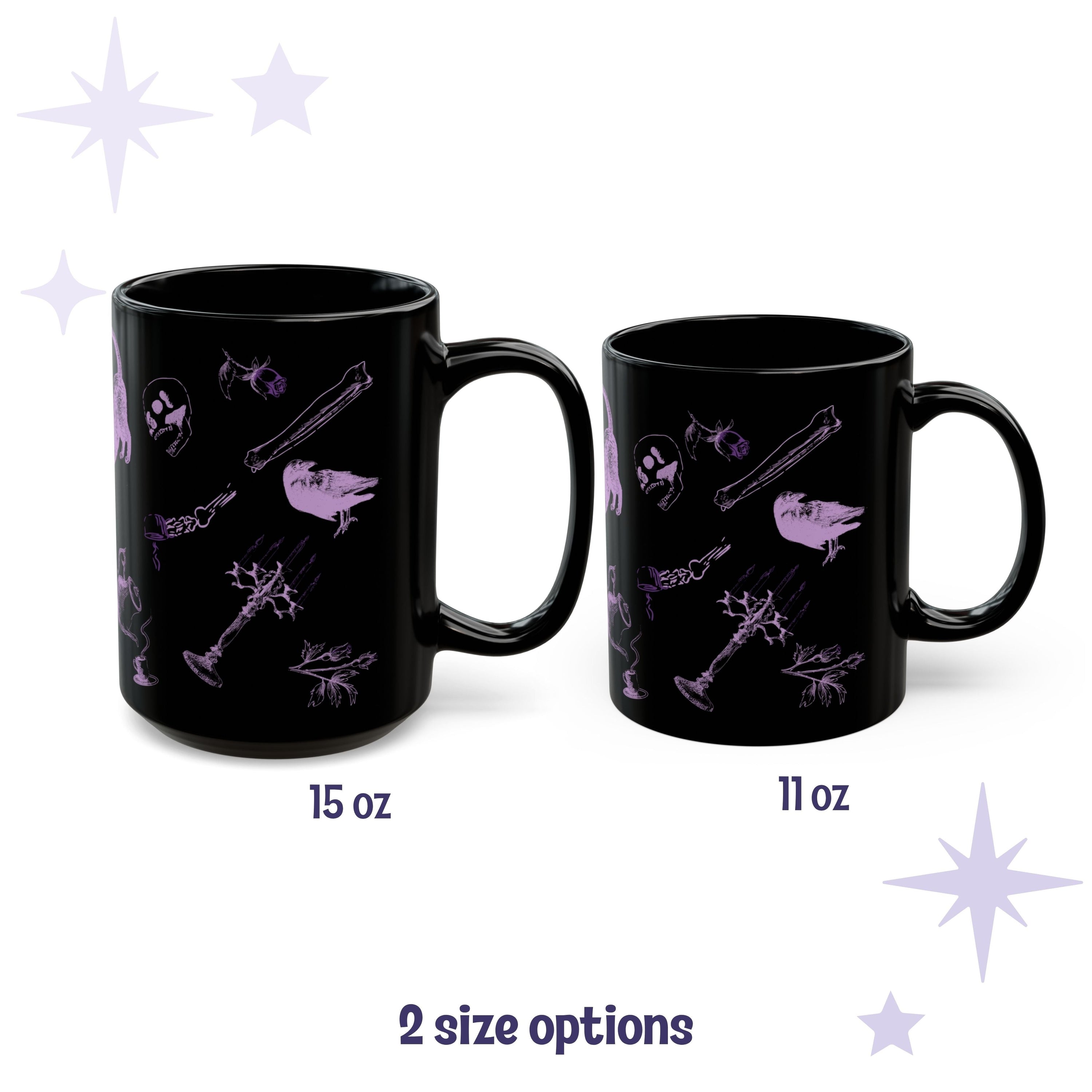 Purple Victorian zombie icons mug shown in 15 oz and 11 oz sizes side by side