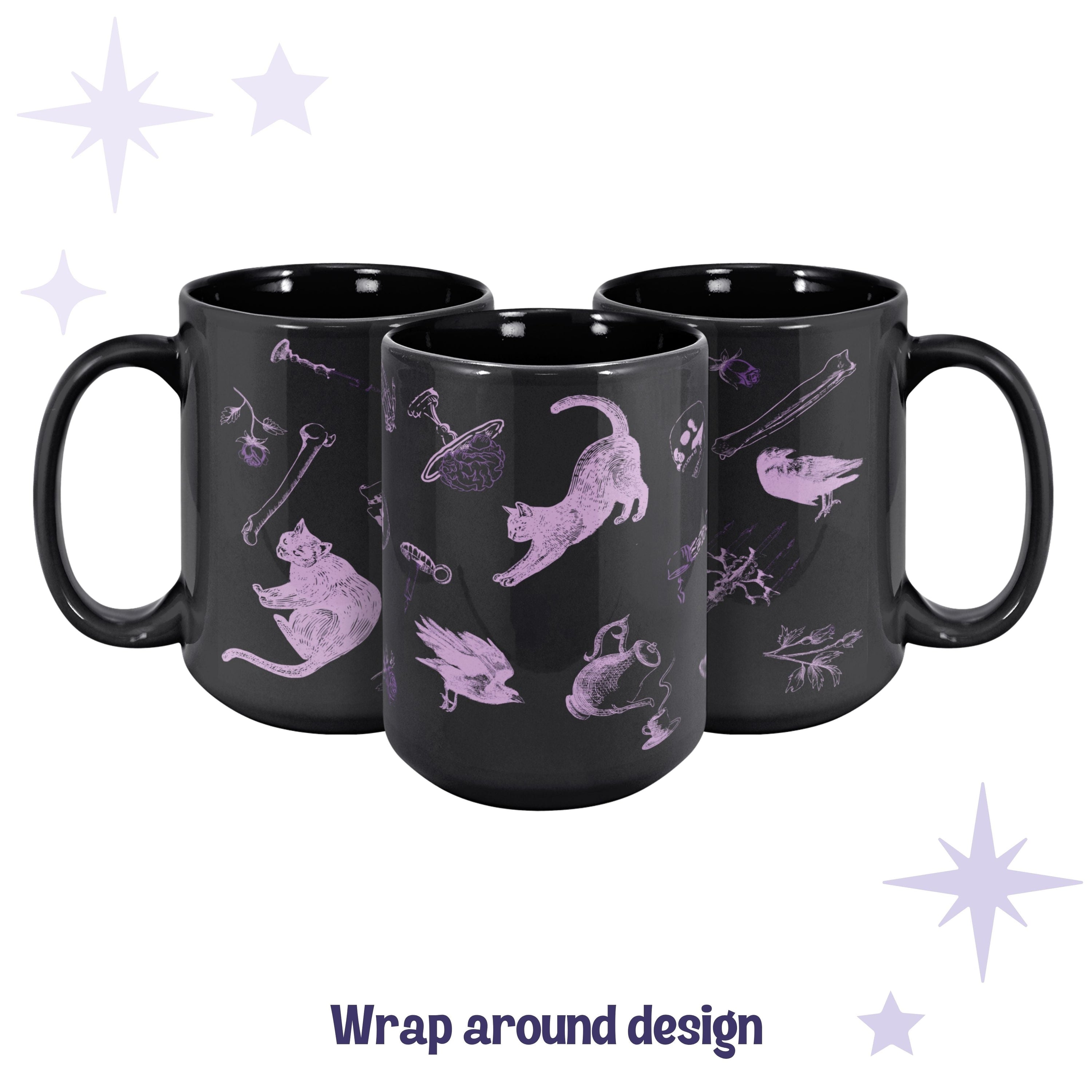 Three black ceramic mugs arranged to show the full wrap around lilac zombie icons pattern