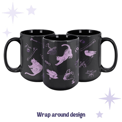 Three black ceramic mugs arranged to show the full wrap around lilac zombie icons pattern