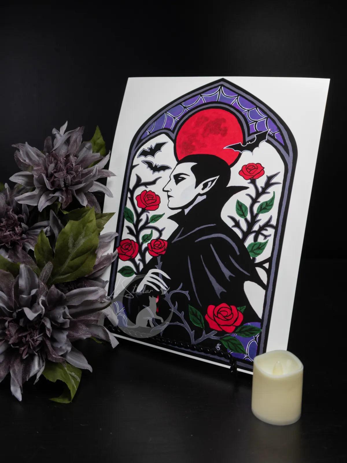 Vampire and Roses Stained Glass Motif Acrylic Hand-Painted Print: Dark Fantasy Cozy Goth Decor