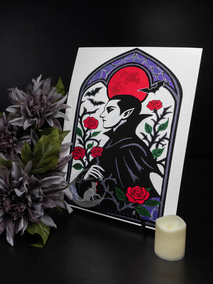 Vampire and Roses Stained Glass Motif Acrylic Hand-Painted Print: Dark Fantasy Cozy Goth Decor