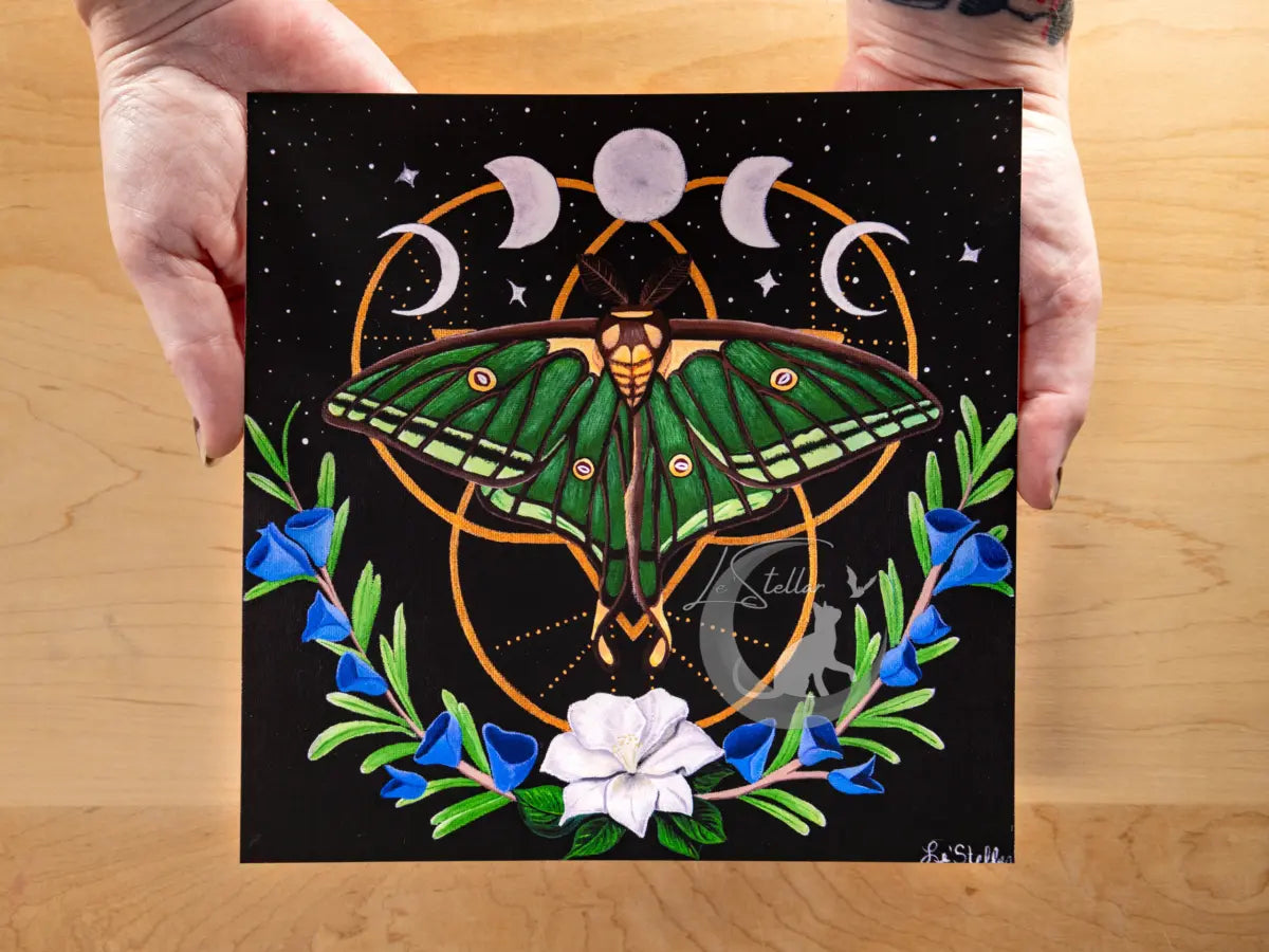Spanish Moon Moth Acrylic Painting: Moon Phases Bedroom Decor