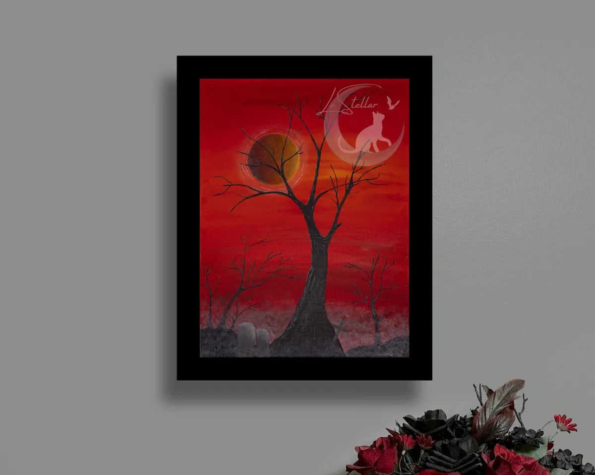 Spooky Red Tree Acrylic Painting with Blood Red Sky and Cemetery, Original Hand-Painted Art