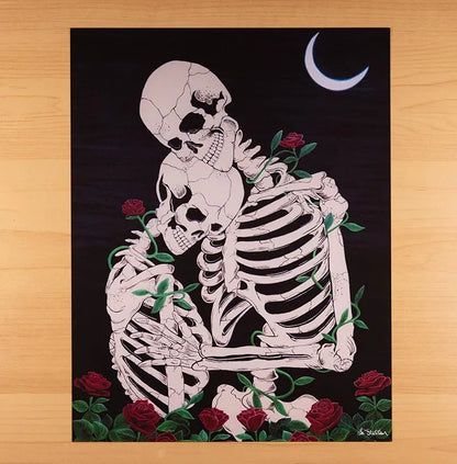 Skeleton and Roses Acrylic Painting: Romantic Gothic Print, Original Hand-Painted Art