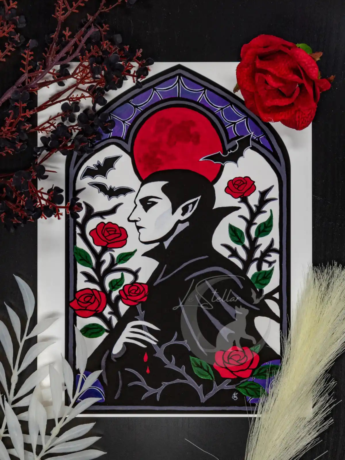 Vampire and Roses Stained Glass Motif Acrylic Hand-Painted Print: Dark Fantasy Cozy Goth Decor