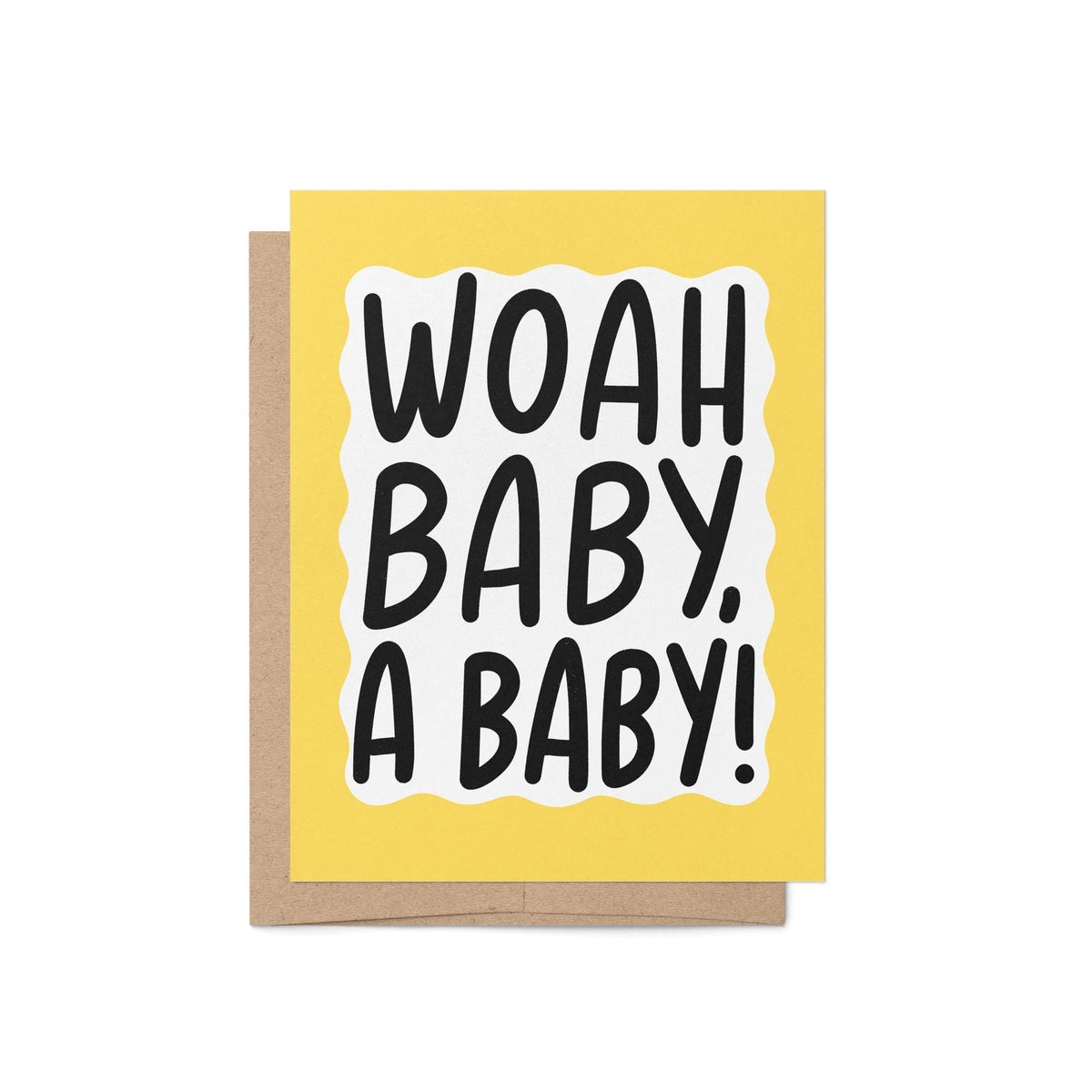 Woah baby a baby card detail — yellow squiggle border and hand lettering close up, by indie artist MangoIllustrated