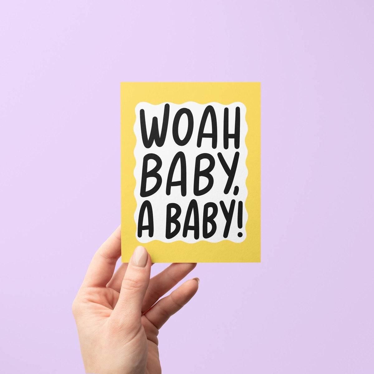 Woah baby a baby card flat lay — new baby congratulations card for a baby shower, by indie artist MangoIllustrated