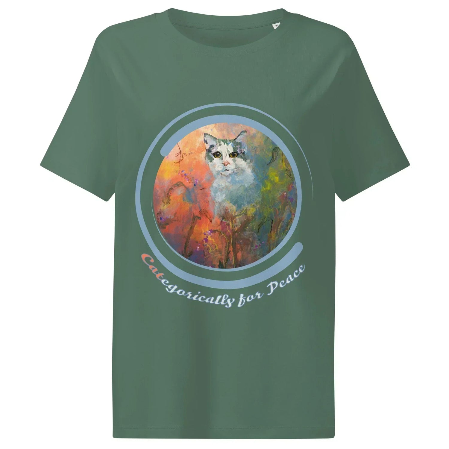 T-shirt featuring an expressively painted cat, peering from behind plants with a glowing orang background. The image is framed with a soft blue spiral and the phrase "CATegorically for Peace"