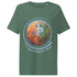 T-shirt featuring an expressively painted cat, peering from behind plants with a glowing orang background. The image is framed with a soft blue spiral and the phrase "CATegorically for Peace"