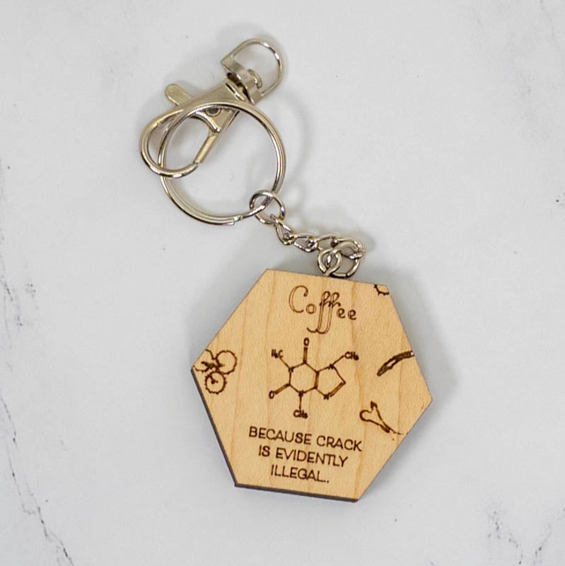 Maple hexagon wood keychain laser engraved with a caffeine molecule diagram and coffee humor text, silver clasp, handmade in Ohio by PRWMade