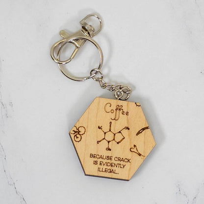 Maple hexagon wood keychain laser engraved with a caffeine molecule diagram and coffee humor text, silver clasp, handmade in Ohio by PRWMade