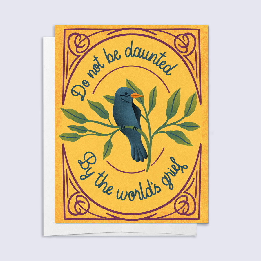 Motivational card with a blue bird illustration and text on a yellow background