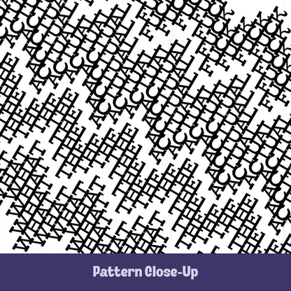 Close-up of the black typographic pattern on the What The Actual Fuck tumbler showing dense overlapping letterforms in mixed serif typefaces