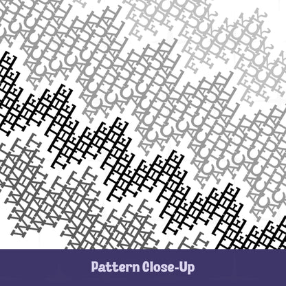 Close-up of the gray and black typographic pattern on the WTAF hidden message tumbler showing the layered word-band design