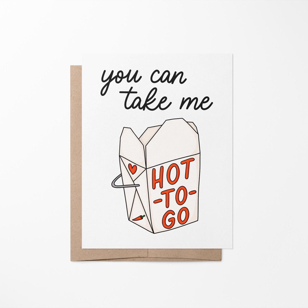 You can take me hot-to-go card detail — takeout illustration and hand lettering close up, by indie artist MangoIllustrated