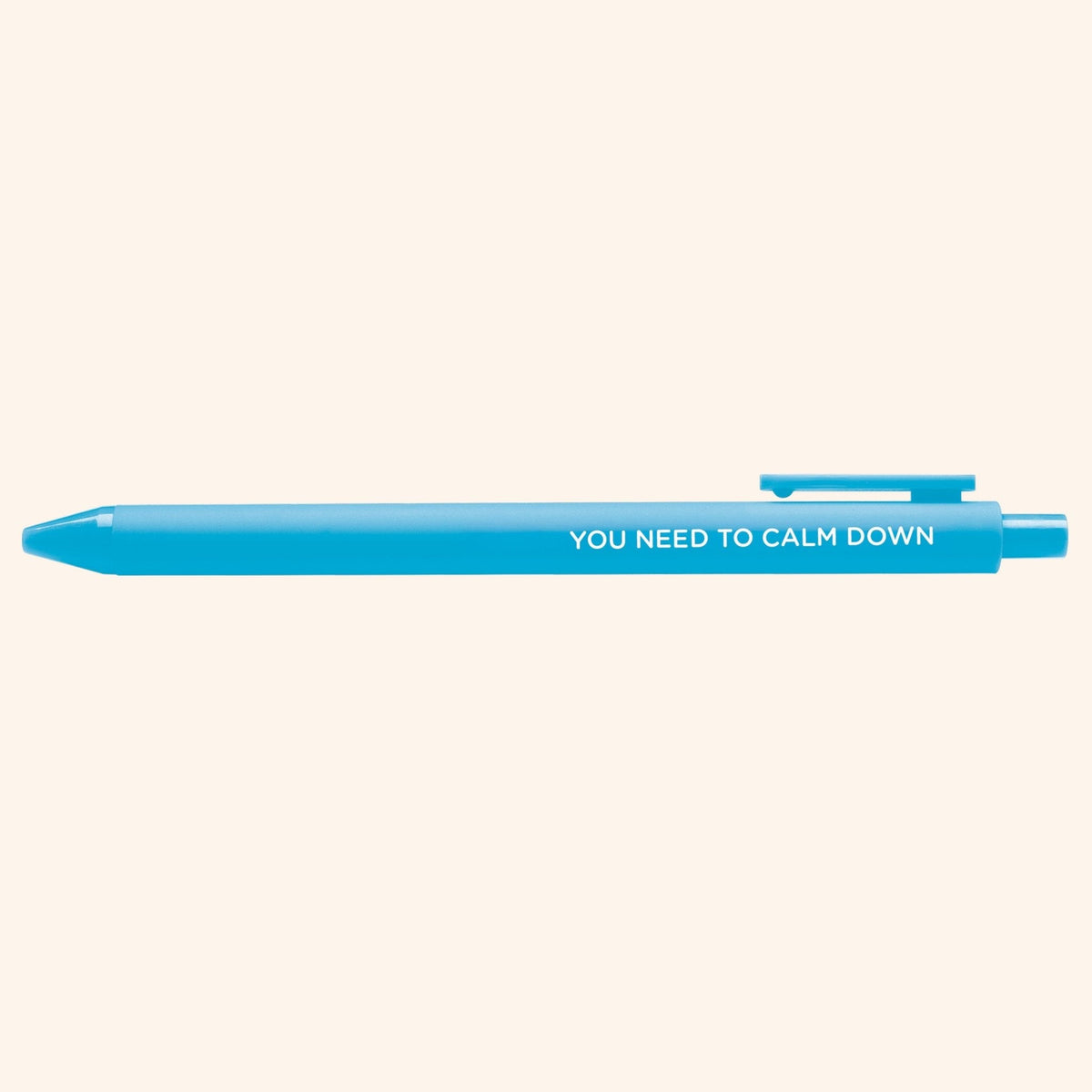 You Need to Calm Down jotter gel pen shown at an angle — blue barrel desk gift by indie artist MangoIllustrated