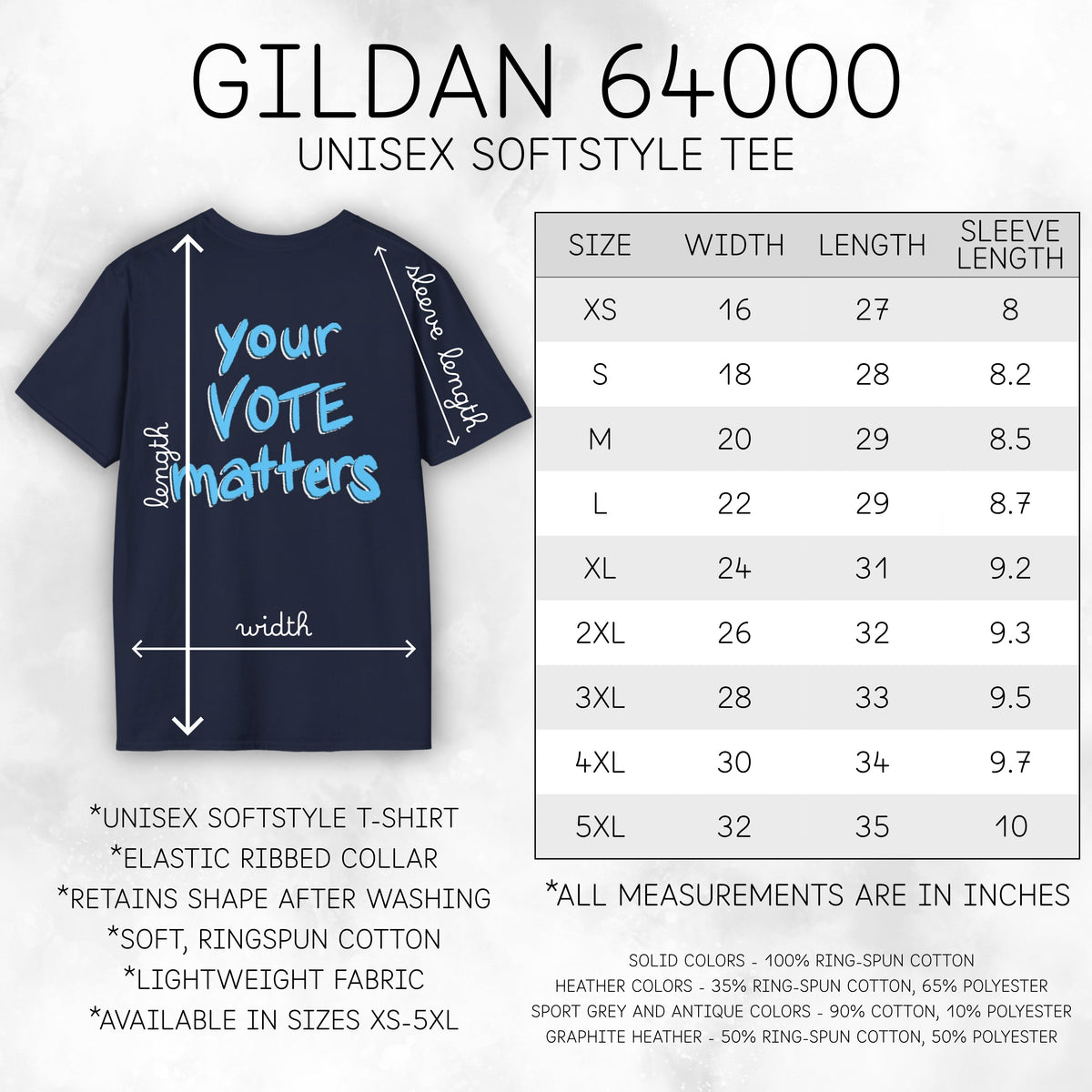 your-vote-matters-unisex-tshirt-voter-engagement-tee-democratic-activist-apparel-size-chart