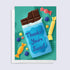 Greeting card with a candy bar and colorful candies on a green background "thanks! you&